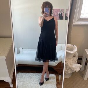 DE LARU BLACK SLIP DRESS STRAPS BEADING SHEEY FLOUNCE COWL NECK LINED VINTAGE